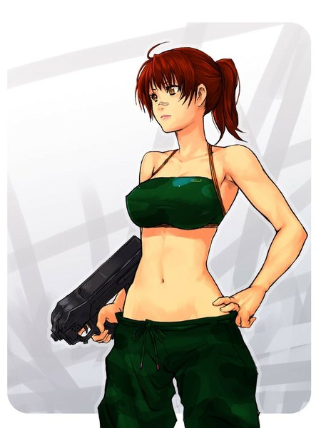 Anime picture 750x1000 with original yuuji (and) single tall image short hair simple background brown hair standing brown eyes ponytail hand on hip bandaid on nose girl navel weapon gun bandaid assault rifle