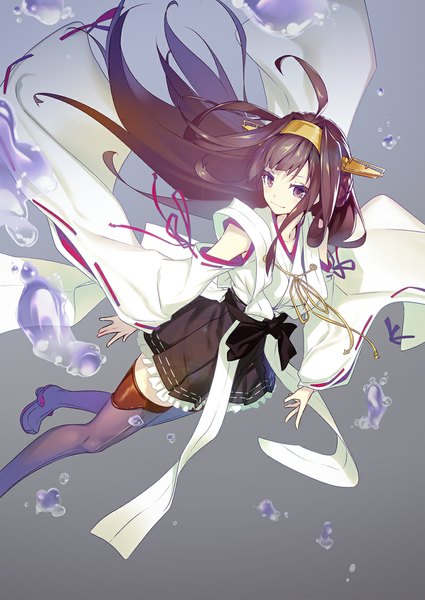 Anime picture 800x1130 with kantai collection kongou battleship nilitsu single long hair tall image looking at viewer simple background brown hair brown eyes ahoge traditional clothes japanese clothes grey background wide sleeves underwater girl skirt miniskirt water