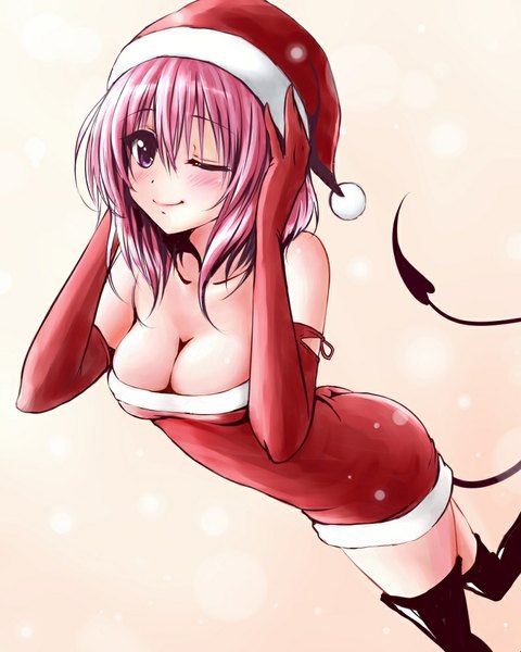 Anime picture 800x1000 with toloveru toloveru darkness xebec momo velia deviluke cake (nico seiga) single tall image blush short hair breasts light erotic simple background smile pink hair tail one eye closed pink eyes from above wink fur trim