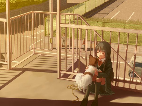 Anime picture 1200x895 with original yuugure (artist) long hair black hair eyes closed evening sunset girl skirt miniskirt socks serafuku tongue bowtie black socks ground vehicle stairs dog car people