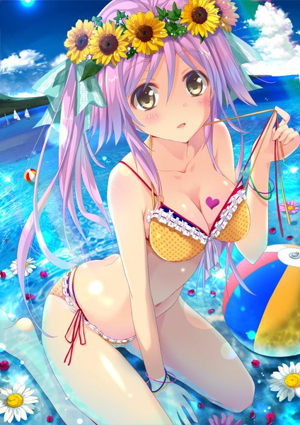 Anime picture 650x919 with original moe2014 takanashi haruto single long hair tall image blush light erotic brown eyes pink hair sky cloud (clouds) parted lips hair flower kneeling girl hair ornament flower (flowers) bow swimsuit