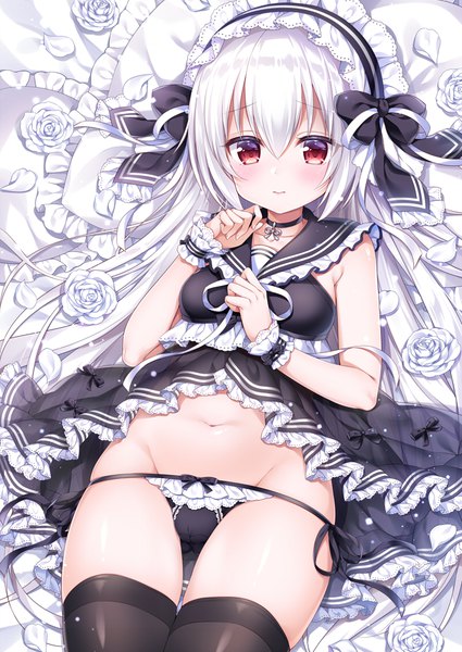 Anime picture 800x1129 with original mitsuba choco single long hair tall image blush fringe light erotic hair between eyes red eyes white hair lying on back groin cameltoe sailor collar girl thighhighs navel underwear