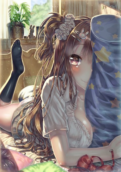 Anime picture 740x1050 with original wataru (zazazazazazawa) single long hair tall image looking at viewer blush breasts light erotic smile brown hair large breasts brown eyes cleavage sunlight no shoes one side up on stomach sunbeam star print