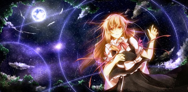 Anime picture 2075x1024 with touhou kirisame marisa shirayuki mutsumi single long hair highres short hair blonde hair wide image brown eyes night night sky witch girl bow star (stars) witch hat