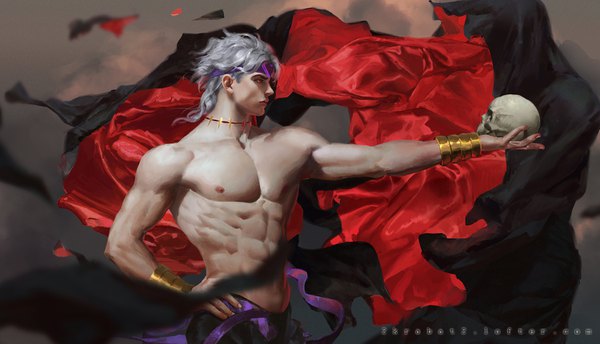 Anime picture 1500x862 with jojo no kimyou na bouken dio brando krabat single short hair red eyes wide image standing holding looking away nipples upper body profile wind grey hair blurry realistic inscription hand on hip text