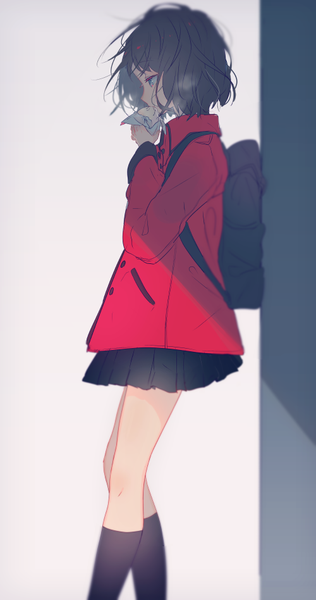 Anime picture 500x948 with original nakaba (mode) yuno tsuitta single tall image short hair black hair simple background standing profile pleated skirt shadow looking down eating exhalation silver eyes messy hair girl skirt socks