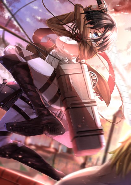 Anime picture 1018x1440 with shingeki no kyojin production i.g mikasa ackerman titan (shingeki no kyojin) swordsouls tall image short hair blue eyes black hair holding cloud (clouds) open clothes open jacket dual wielding girl weapon sword boots belt scarf