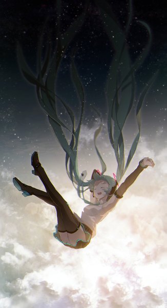 Anime picture 815x1500 with vocaloid hatsune miku lengchan (fu626878068) single tall image open mouth light erotic twintails cloud (clouds) full body eyes closed very long hair arm up aqua hair pantyshot arm behind head falling girl thighhighs underwear