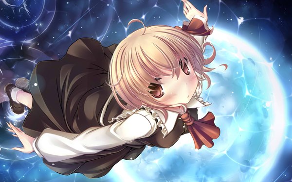 Anime picture 1920x1200 with touhou rumia kaisu single blush highres short hair blonde hair wide image brown eyes spread arms girl dress