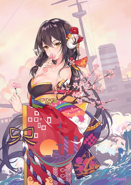 Anime picture 942x1333 with azur lane mikasa (azur lane) criin single tall image looking at viewer blush fringe breasts light erotic black hair hair between eyes standing bare shoulders holding signed yellow eyes sky cleavage cloud (clouds)