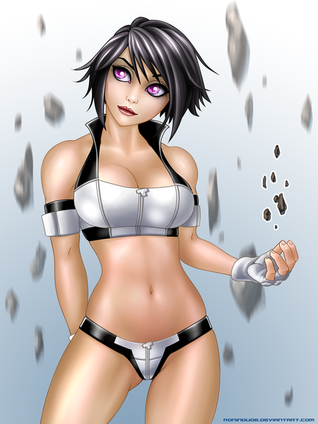 Anime picture 2250x3000 with ronin dude (ray cornwell) single tall image highres short hair light erotic black hair bare shoulders looking away pink eyes girl gloves navel