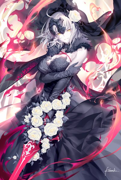 Anime picture 650x970 with fate (series) fate/grand order jeanne d'arc (fate) (all) jeanne d'arc alter (fate) kousaki rui single tall image looking at viewer blush fringe short hair breasts hair between eyes standing holding signed yellow eyes cleavage silver hair ahoge