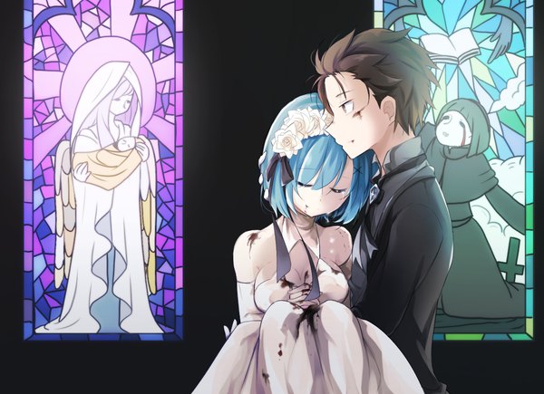 Anime picture 1113x807 with re:zero kara hajimeru isekai seikatsu white fox rem (re:zero) natsuki subaru inawa akito fringe short hair breasts smile brown hair bare shoulders brown eyes blue hair looking away bent knee (knees) indoors eyes closed profile hair flower hair over one eye