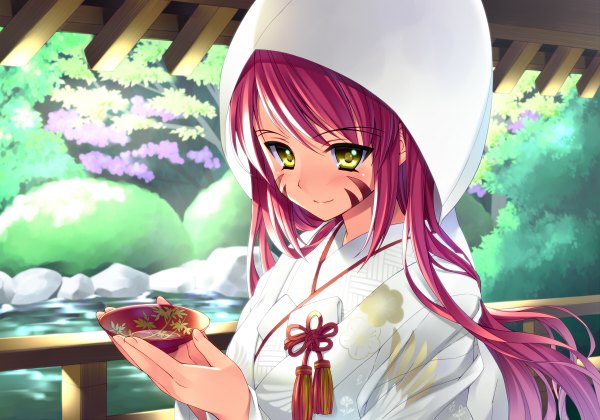 Anime picture 1200x840 with sengoku otome: momoiro paradox oda nobunaga (sengoku otome) bucchake (asami) single long hair blush yellow eyes purple hair traditional clothes japanese clothes facial mark girl kimono alcohol sake sakazuki uchikake