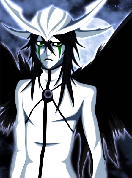 Anime picture 1186x1602 with bleach studio pierrot ulquiorra schiffer skyline42 single long hair tall image black hair green eyes cloud (clouds) horn (horns) night sky coloring espada boy wings full moon helmet