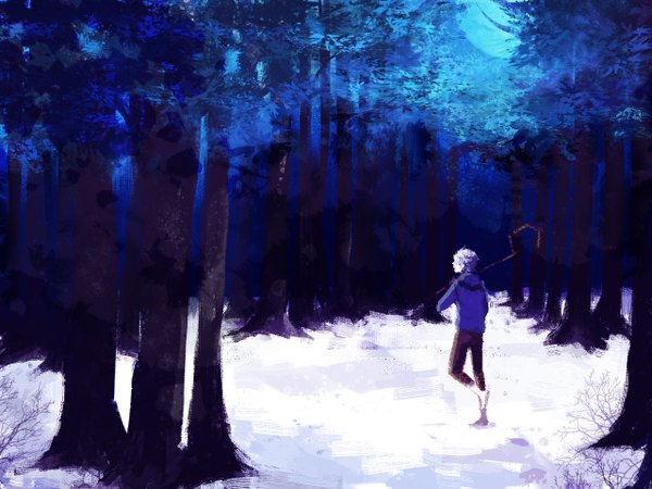 Anime picture 1280x960 with rise of the guardians dreamworks jack frost (rise of the guardians) kisw2010 (artist) single short hair silver hair white hair barefoot from behind night sky back winter snow boy plant (plants) tree (trees) moon full moon staff