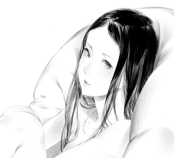Anime picture 1300x1182 with original sousou (sousouworks) single long hair looking at viewer black hair simple background white background sitting black eyes monochrome girl