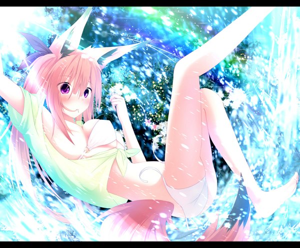 Anime picture 1050x870 with original nagishiro mito single long hair breasts light erotic purple eyes animal ears pink hair tail animal tail bare legs legs fox ears fox tail fox girl girl flower (flowers) swimsuit bikini