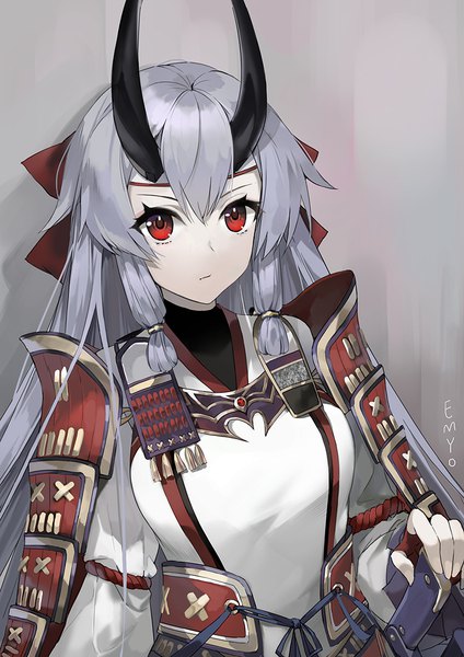 Anime picture 800x1132 with fate (series) fate/grand order tomoe gozen (fate) emyo single long hair tall image looking at viewer fringe simple background hair between eyes red eyes signed upper body traditional clothes japanese clothes horn (horns) grey hair grey background oni horns