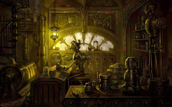 Anime picture 1680x1050 with original targete wide image signed no people mechanical science fiction 2008 mechanization clock lantern stairs lamp robot mecha gears hourglass