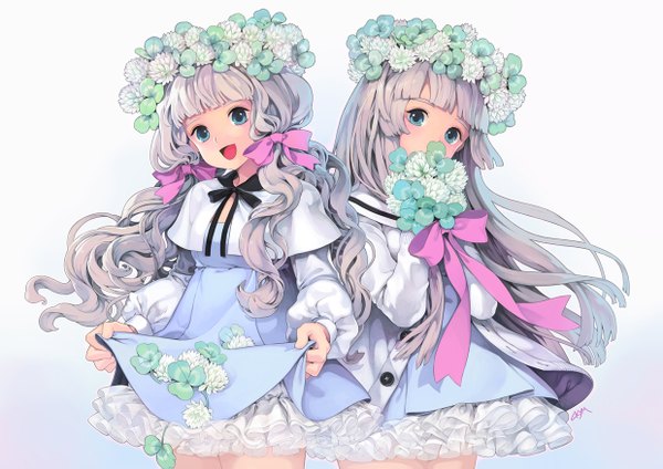 Anime picture 1240x877 with original chkuyomi long hair looking at viewer blush fringe open mouth simple background smile standing multiple girls holding signed aqua eyes wavy hair girl dress flower (flowers) ribbon (ribbons) bow