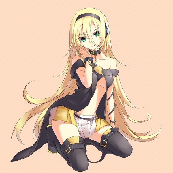 Anime picture 1800x1800 with vocaloid lily (vocaloid) yuuki kira single long hair highres light erotic blonde hair smile bare shoulders green eyes girl thighhighs black thighhighs miniskirt headphones chain collar