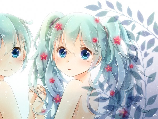 Anime picture 1600x1200 with vocaloid hatsune miku hatsune mikuo lichika long hair blush short hair open mouth smile twintails bare shoulders hair flower aqua eyes nude aqua hair holding hands girl boy hair ornament flower (flowers)