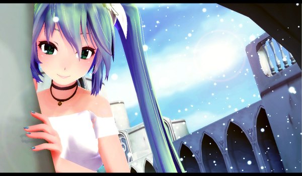 Anime picture 1366x798 with vocaloid hatsune miku yunagi (ektyr y) single long hair looking at viewer smile wide image twintails bare shoulders blue hair sky cloud (clouds) nail polish aqua eyes aqua hair hair bun (hair buns) mikumikudance girl dress