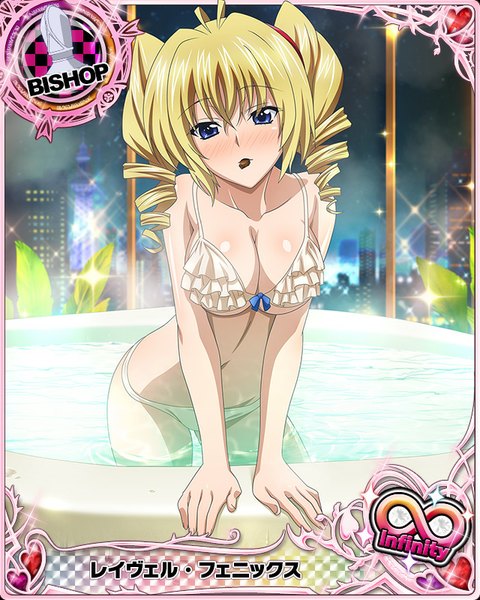 Anime picture 640x800 with highschool dxd ravel phenex single long hair tall image looking at viewer blush breasts blue eyes light erotic blonde hair holding mouth hold drill hair card (medium) valentine girl navel swimsuit bikini