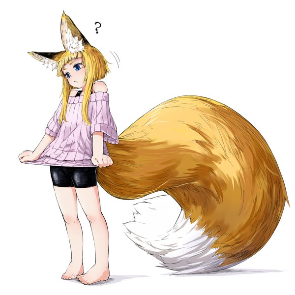 Anime picture 1200x1200 with original jaco single fringe short hair blue eyes blonde hair simple background standing white background bare shoulders animal ears tail animal tail barefoot no shoes fox ears fox tail fox girl :<