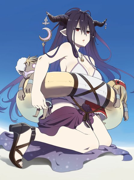 Anime picture 600x806 with granblue fantasy danua hansel (granblue fantasy) gretel (granblue fantasy) mattaku mousuke single long hair tall image fringe breasts open mouth light erotic black hair simple background hair between eyes red eyes large breasts ahoge horn (horns) pointy ears