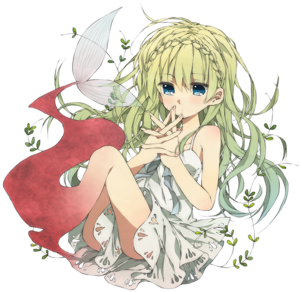 Anime picture 1164x1130 with original henki (orange) single long hair blush blue eyes simple background white background sitting bare shoulders tail braid (braids) green hair looking down hands clasped interlocked fingers crown braid girl dress white dress