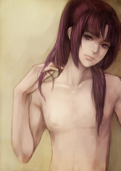 Anime picture 1653x2338 with peace maker kurogane okita souji (peace maker kurogane) okita koori single long hair tall image light erotic simple background purple eyes purple hair ponytail realistic topless boy