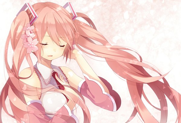 Anime picture 1000x682 with vocaloid hatsune miku sakura miku marotti single twintails bare shoulders pink hair eyes closed very long hair girl flower (flowers) detached sleeves petals