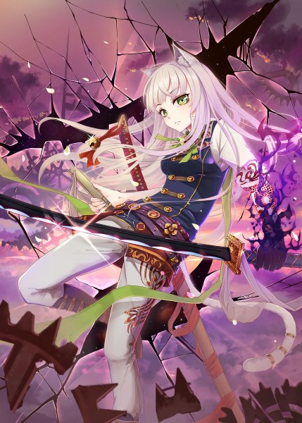 Anime picture 858x1200 with original wait (artist) single long hair tall image animal ears yellow eyes white hair tail animal tail cat ears cat girl cat tail glowing girl weapon sword katana bell jingle bell