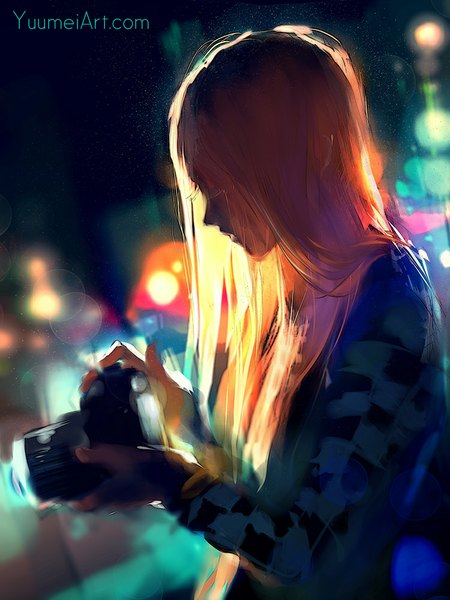 Anime picture 750x1000 with fisheye placebo robin soloviev yuumei single long hair tall image holding signed profile lips blurry orange hair night night sky lens flare city light cityscape glow checkered