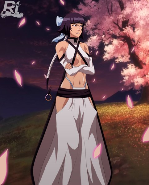 Anime picture 1000x1243 with bleach studio pierrot soifon rtenzo single tall image short hair purple eyes purple hair midriff night sky cherry blossoms crossed arms mountain girl navel bow plant (plants) hair bow detached sleeves