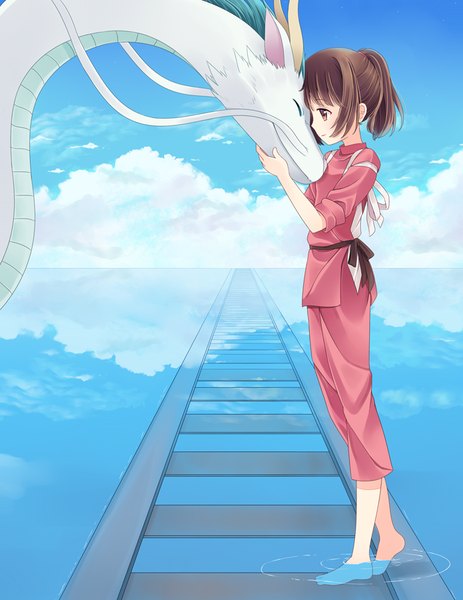 Anime picture 695x900 with spirited away studio ghibli haku (spirited away) ogino chihiro haku (dragon) hitsukuya tall image short hair brown hair brown eyes sky cloud (clouds) ponytail eyes closed traditional clothes barefoot horn (horns) light smile reflection fantasy