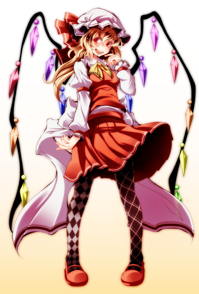 Anime picture 1698x2500 with touhou flandre scarlet s-syogo single long hair tall image looking at viewer blush open mouth blonde hair red eyes white background girl dress skirt pantyhose wings shoes skirt set crystal