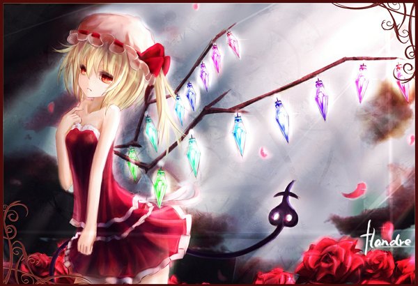 Anime picture 1128x771 with touhou flandre scarlet wangchuan de quanyan single short hair blonde hair red eyes one side up girl dress flower (flowers) weapon petals wings rose (roses) bonnet red rose crystal laevatein (touhou)