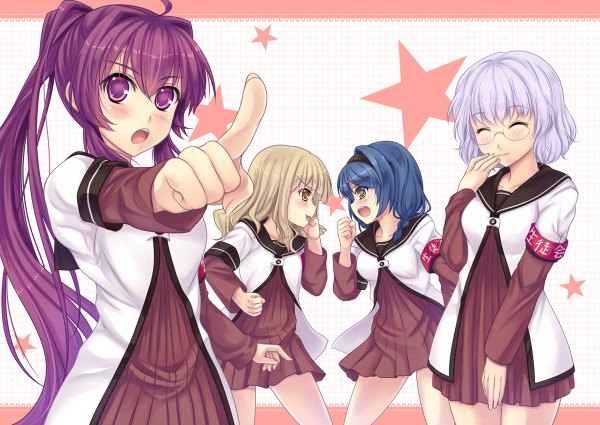 Anime picture 1200x850 with yuru yuri doga kobo sugiura ayano oomuro sakurako furutani himawari ikeda chitose kawano sesera (artist) long hair short hair open mouth blonde hair purple eyes multiple girls yellow eyes blue hair purple hair white hair ponytail face to face girl