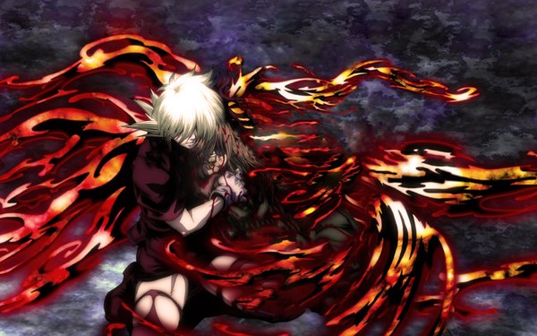 Anime picture 1920x1200 with hellsing seras victoria pip bernardotte long hair highres blonde hair wide image orange hair hug kneeling hair over eyes death girl thighhighs boy gloves uniform blood eyepatch torn thighhighs