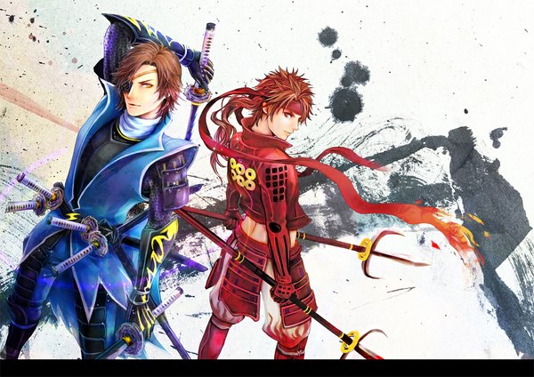 Anime picture 1131x800 with sengoku basara production i.g date masamune sanada yukimura aratako long hair looking at viewer short hair brown hair brown eyes yellow eyes ponytail looking back boy gloves weapon sword armor katana eyepatch