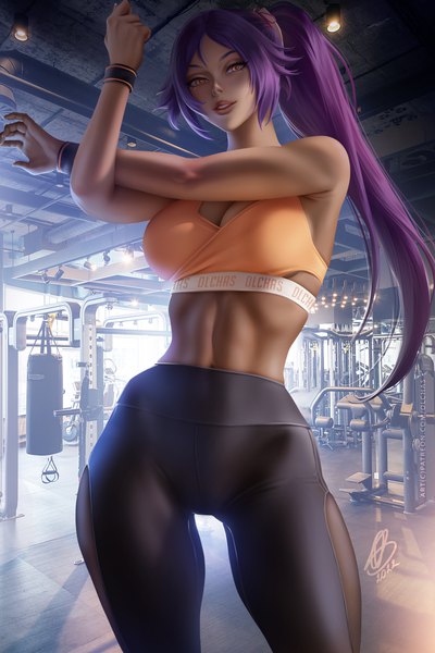 Anime picture 3000x4500 with bleach studio pierrot shihouin yoruichi olchas single long hair tall image looking at viewer fringe highres breasts light erotic large breasts standing brown eyes signed cleavage purple hair ponytail indoors
