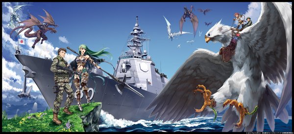 Anime picture 1920x882 with rune troopers ichinose ryuuji karlda leasureford kuze hiroyaki larona messy (efuya) long hair highres short hair open mouth black hair wide image multiple girls sky cloud (clouds) red hair green hair black eyes dragon wings girl