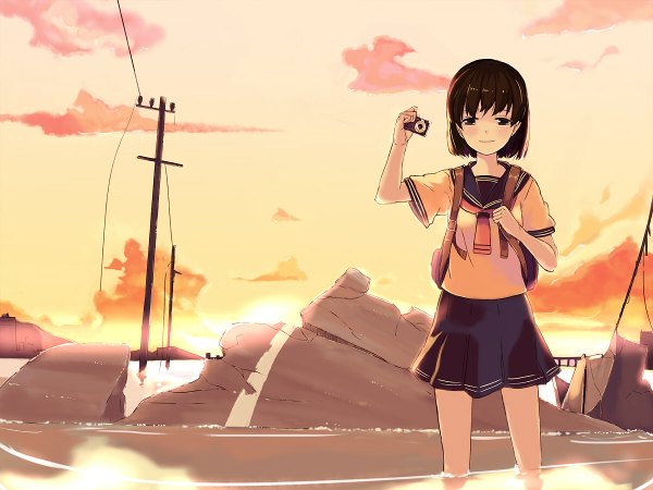 Anime picture 1200x900 with original shiromiso short hair smile brown hair partially submerged evening sunset ruins skirt uniform school uniform water bag camera power lines