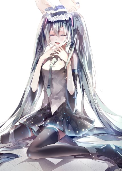 Anime picture 800x1121 with vocaloid hatsune miku mamenomoto single tall image fringe breasts open mouth simple background white background sitting twintails eyes closed very long hair pleated skirt aqua hair happy reflection glow girl