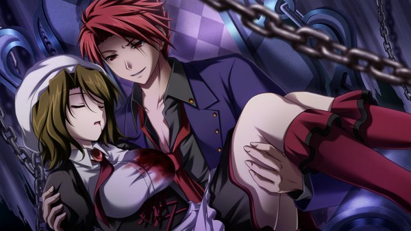 Anime picture 1280x720 with umineko no naku koro ni ushiromiya battler shannon short hair open mouth red eyes brown hair wide image red hair eyes closed partially open clothes girl boy necktie blood