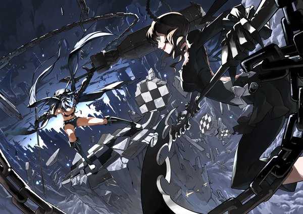 Anime picture 2143x1516 with black rock shooter black rock shooter (character) dead master justminor long hair highres blue eyes black hair twintails green eyes sky cloud (clouds) torn clothes glowing scar glowing eye (eyes) checkered ruins dress weapon