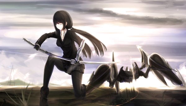 Anime picture 1982x1131 with original kikivi single long hair highres black hair wide image twintails sky cloud (clouds) eyes closed girl skirt gloves weapon pantyhose sword boots black pantyhose armor